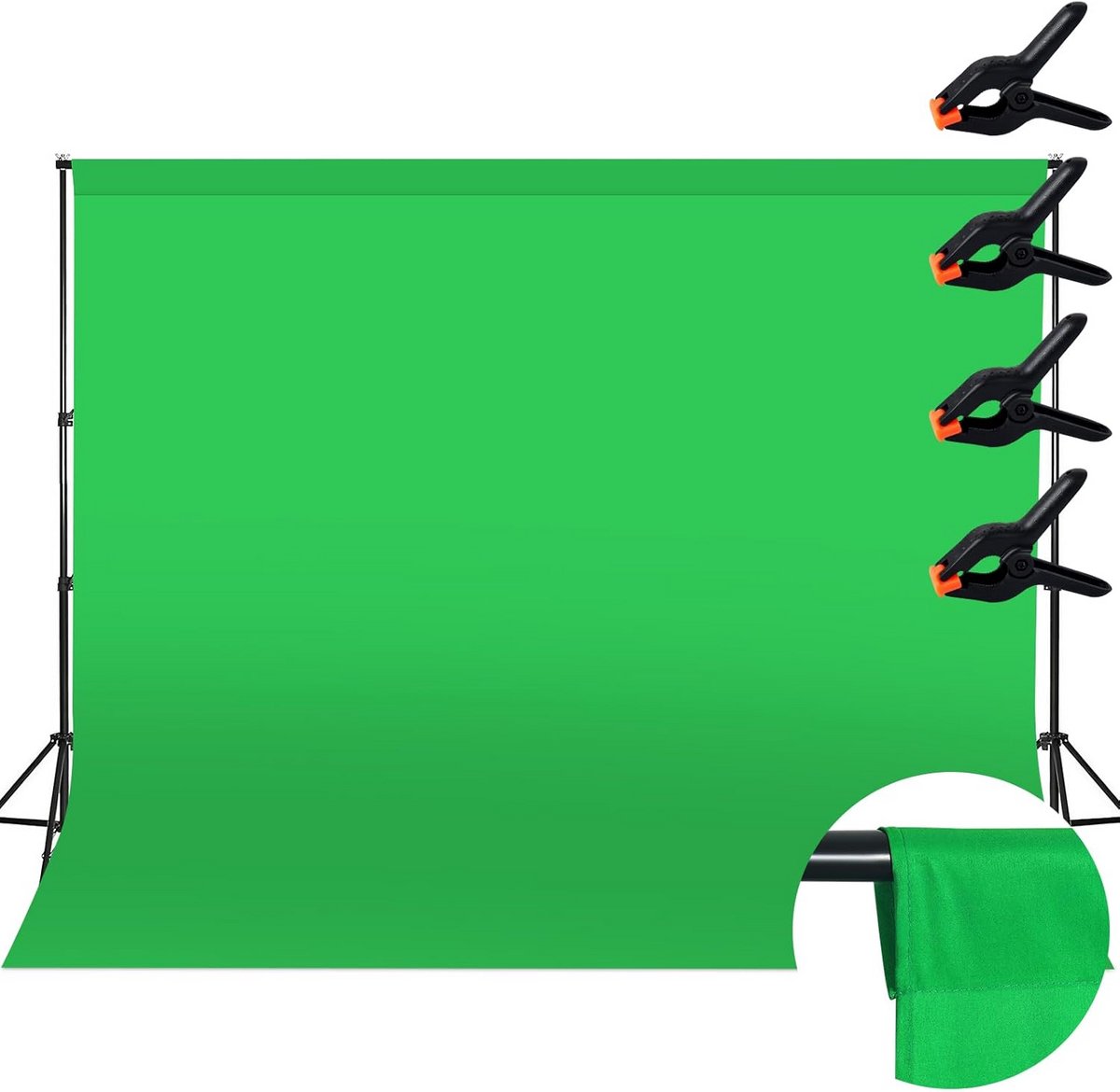 Groene Fotoachtergrond, 2M x 3M Groene Scherm Achtergrond, Foto Achtergronden Groen met Zuivere Kleur en 4 Bevestigingsklemmen, Geschikt voor Fotografie, Live Streaming en Televisie-Opnamen