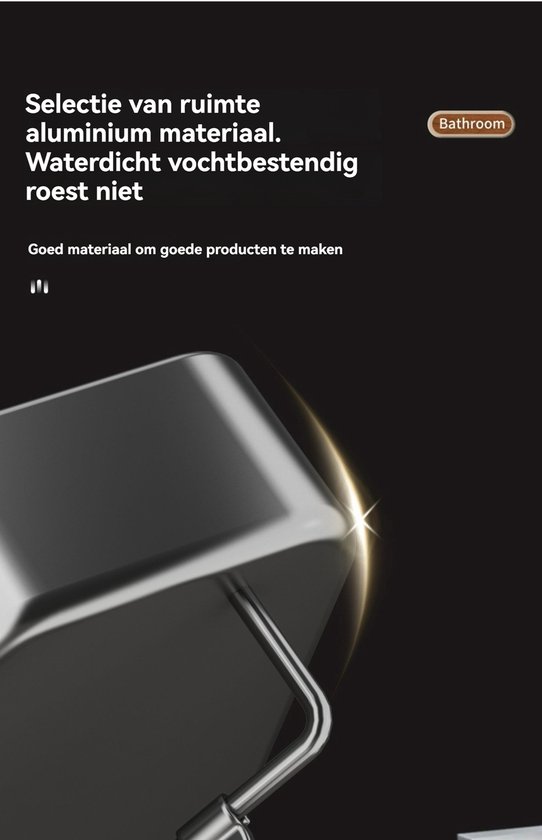 Close-up van een glanzend, gebogen metalen hoekbadkamerrekje, met de tekst "Selectie van ruimte aluminium materiaal. Waterdicht vochtbestendig roest niet".