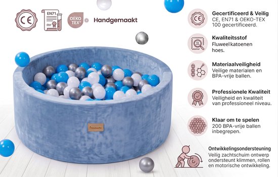 Ballenbak Baby Velvet Blauw - Speelgoed 1 jaar, 2 jaar, 3 jaar - Ballenbad Superzacht - Ballenbakken - Kidsdouche - BPA vrije ballen 200 stuks Ø 7 cm - Lichtblauw, Zilver, Parelmoer van Merkloos — afbeelding 4