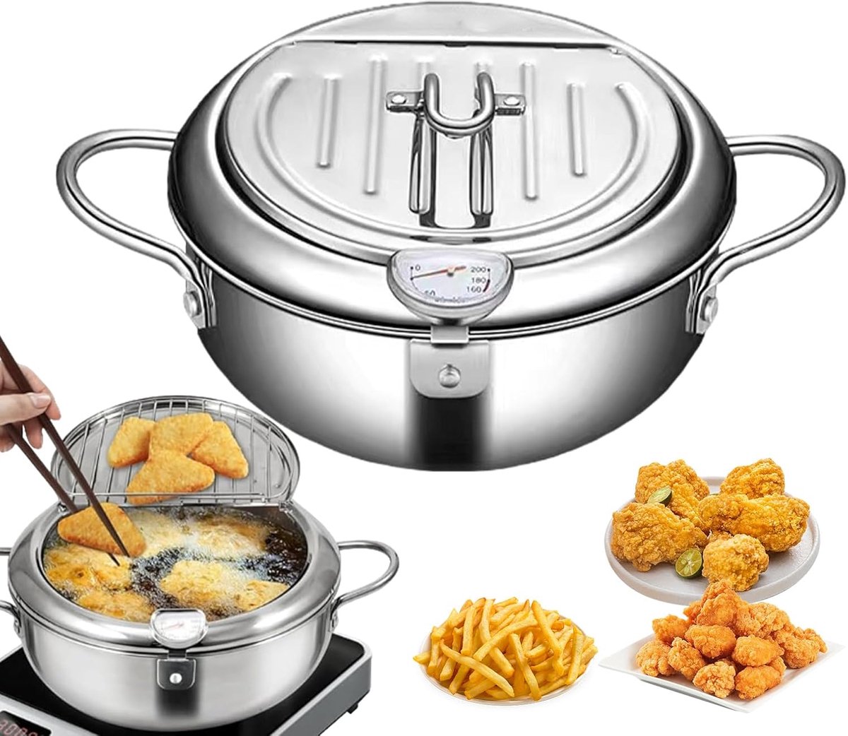 Frituurpan Oliepot Knapperige Frietjes Met Thermometer 28CM Roestvrij Staal