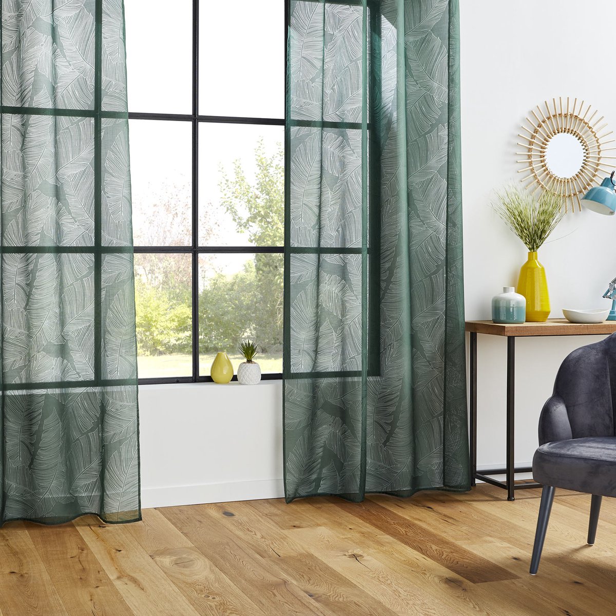 Atmosphera Créateur d'intérieur® Doorschijnend gordijn Devo bladpatroon - 140 x 240 cm - Cedergroen