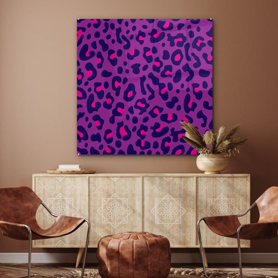 ® Glasschilderij 90x90 cm - Schilderij acrylglas - Panterprint - Paars - Roze - Foto op glas - Muurdecoratie woonkamer - Wanddecoratie slaapkamer - Schilderijen