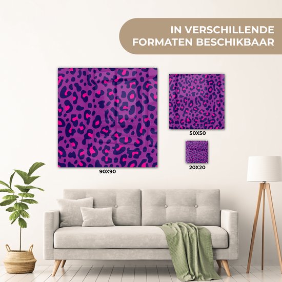® Glasschilderij 90x90 cm - Schilderij acrylglas - Panterprint - Paars - Roze - Foto op glas - Muurdecoratie woonkamer - Wanddecoratie slaapkamer - Schilderijen