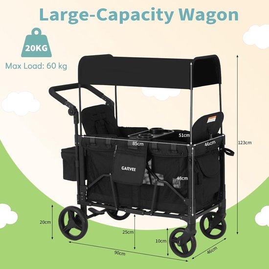 Opvouwbare Bolderkar voor 2 Kinderen - All-Terrain Wielen met Vering - Met Zonnekap & Snacktafel - 5-Punts Veiligheidsgordel - Max. 60kg - Zwart — afbeelding 5