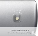 Detail van de ODORSORB-CAPSULE op de RVS pedaalemmer. Tekst: ODORSORB-CAPSULE.