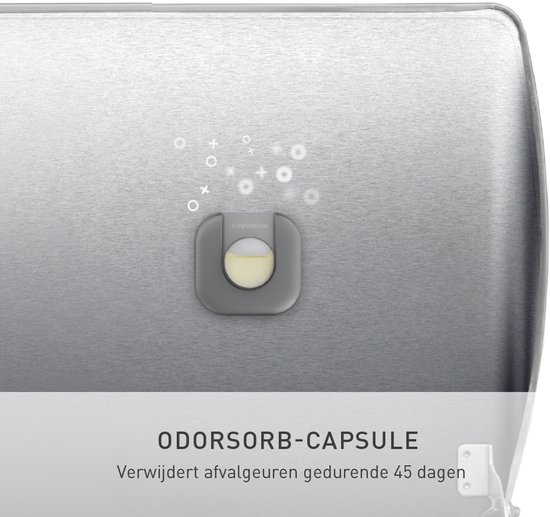 Detail van de ODORSORB-CAPSULE op de RVS pedaalemmer. Tekst: ODORSORB-CAPSULE.