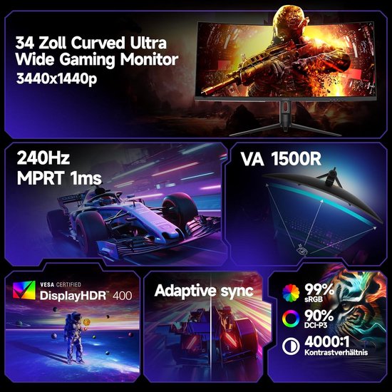 34 Inch Ultrawide Curved Gaming Monitor 240Hz WQHD 3440x1440 HDR 1500R — afbeelding 2