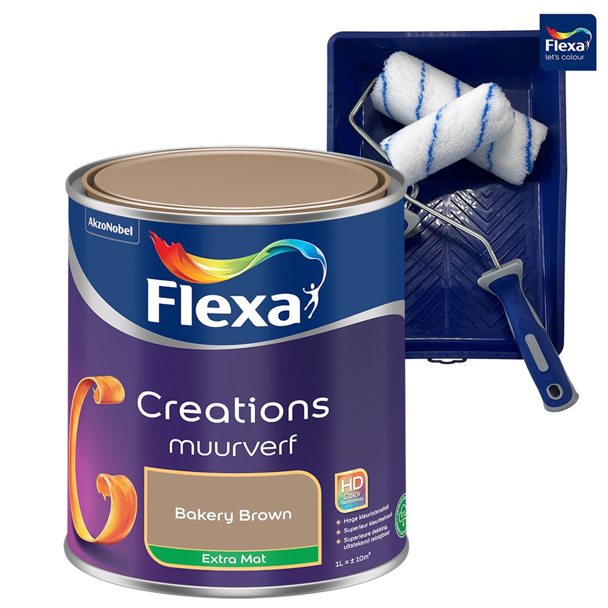Voordeelpakket Flexa Creations - Muurverf - Extra Mat - Bakery Brown - 1 Liter + Muurverf Roller - 5 Delig