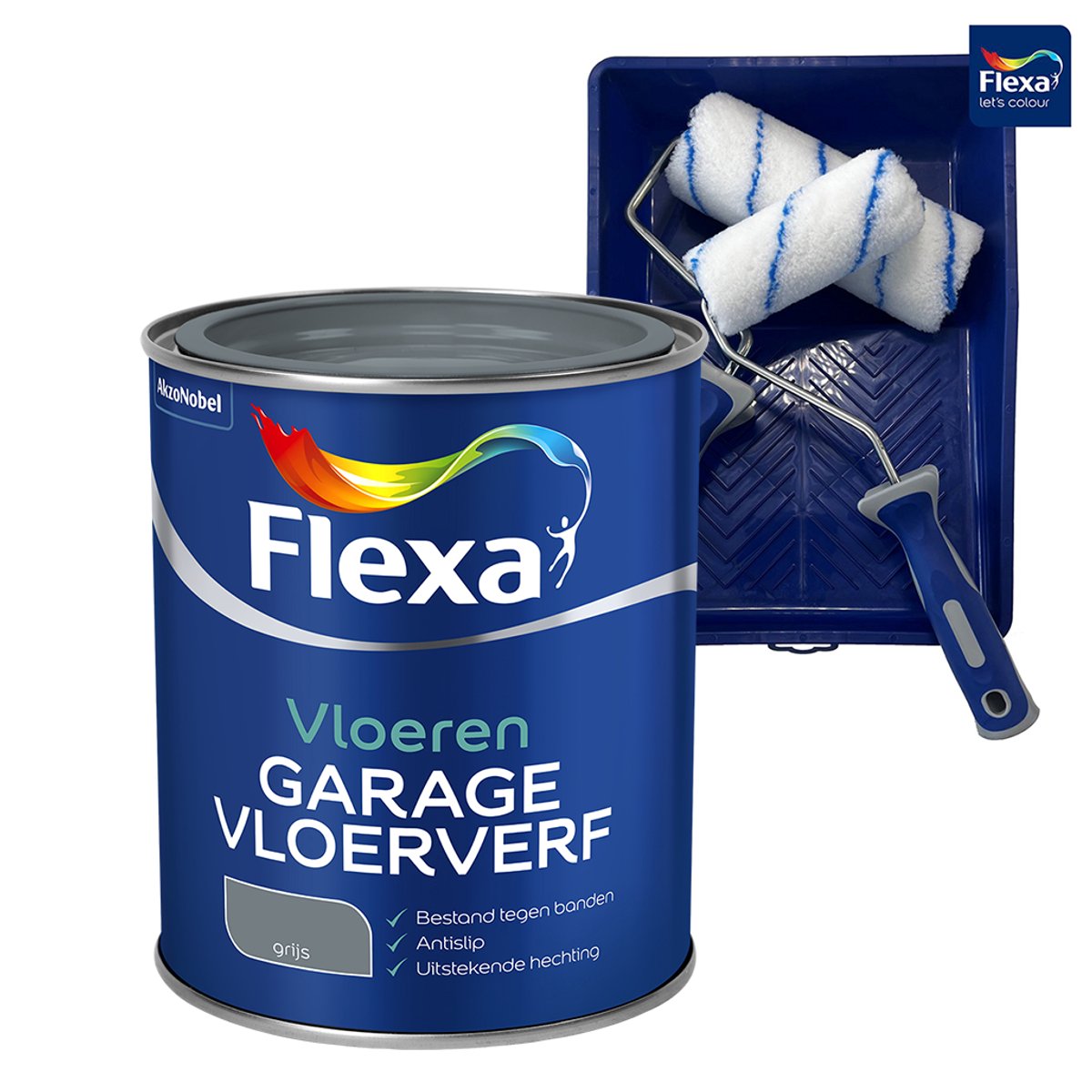 Voordeelpakket Flexa Garagevloerverf - Grijs Waterborne - 750 ML + Muurverf Roller - 5 Delig