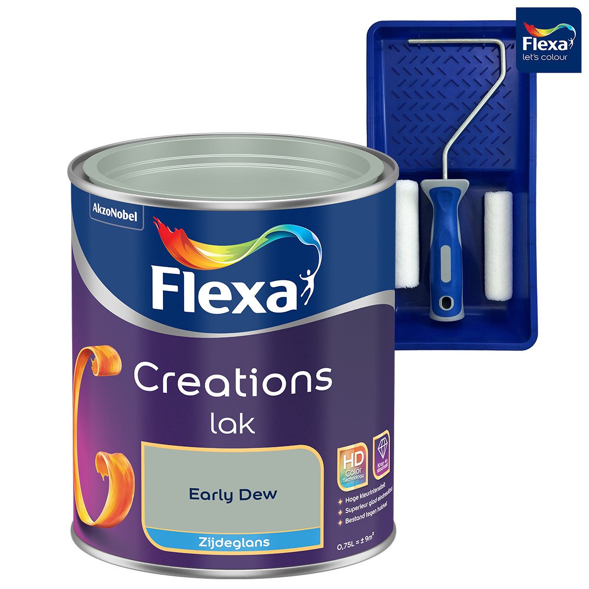 Flexa - Creations Lak Zijdeglans - Early Dew - 750 Ml + Gratis Flexa Lakset 4-Delig