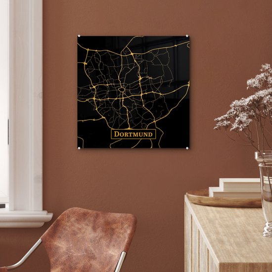 MuchoWow® Peinture sur verre 50x50 cm - Peinture acrylique sur verre - Carte - Dortmund - Or - Zwart - Photo sur verre - Peintures