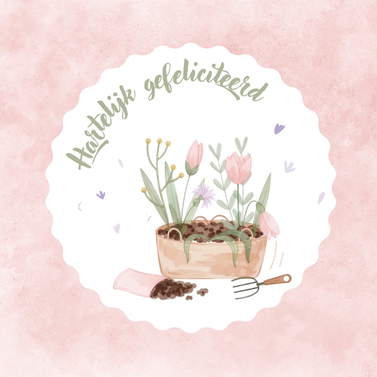 Wenskaart hartelijk gefeliciteerd plantenbak roze tulpen – 13x13 cm – gevouwen kaart – inclusief witte envelop – stevig papier – felicitatiekaart