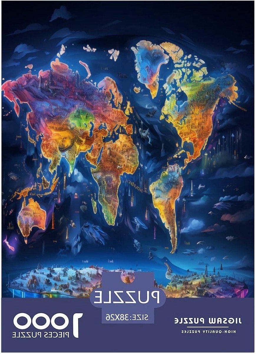 Wereldkaart Puzzel - Legpuzzel Educatief - Ontspannen Tijd Verdrijven - 1000 Stukjes Unieke Vormen - 38x26cm - Multicolor