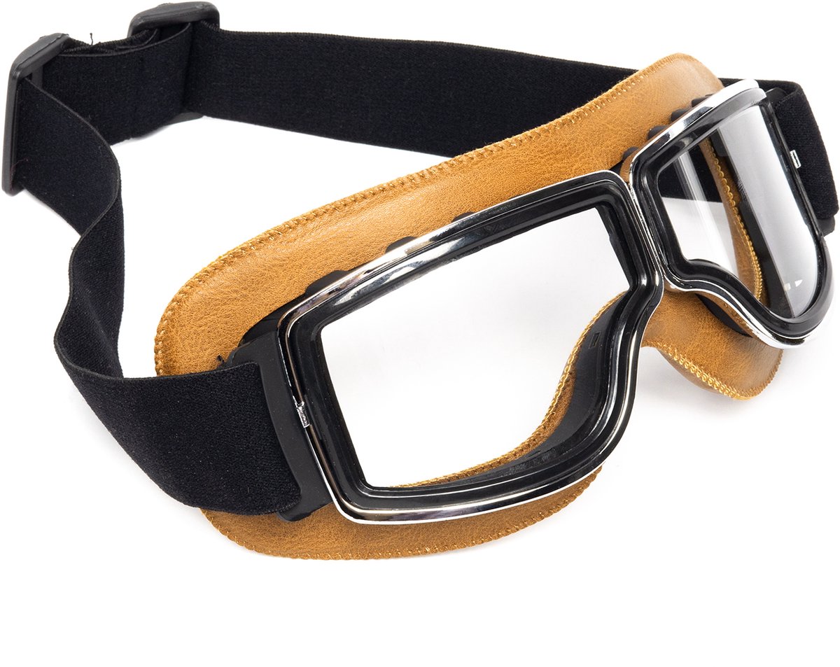 KIMU® Goggles Motorbril Skibril - Bril Caramelbruin Montuur - Transparante Glazen - Leatherlook Pilotenbril Vintage Motor Retro Steampunk Lederen Heren Festival