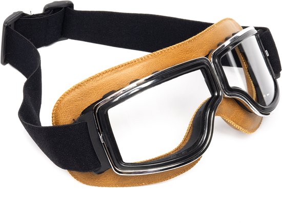 KIMU® Goggles Motorbril Skibril - Bril Caramelbruin Montuur - Transparante Glazen - Leatherlook Pilotenbril Vintage Motor Retro Steampunk Lederen Heren Festival