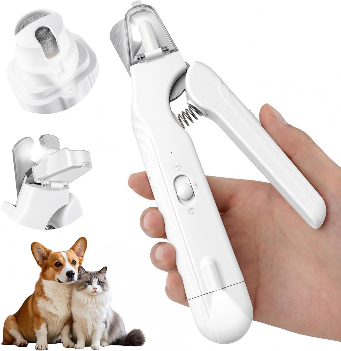 2-in-1 nagelknipper voor dieren - 18×4,1×2,2 cm - Met verlichting (niet te fel) - Geschikt voor katten en honden - Voorzien van spatbescherming - USB oplaadbare nagelknipper - Wit