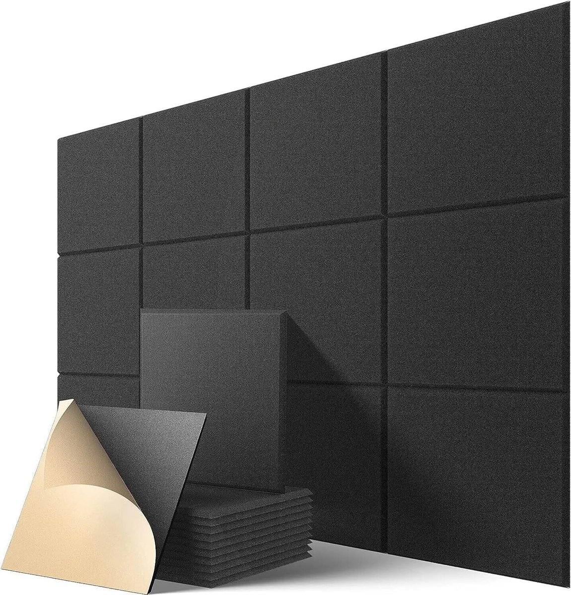 Geluidsabsorberende panelen, verpakking van 12 stuks, zelfklevende geluidsabsorberende panelen, wandpanelen met hoge dichtheid, 30*30 cm, zwart.