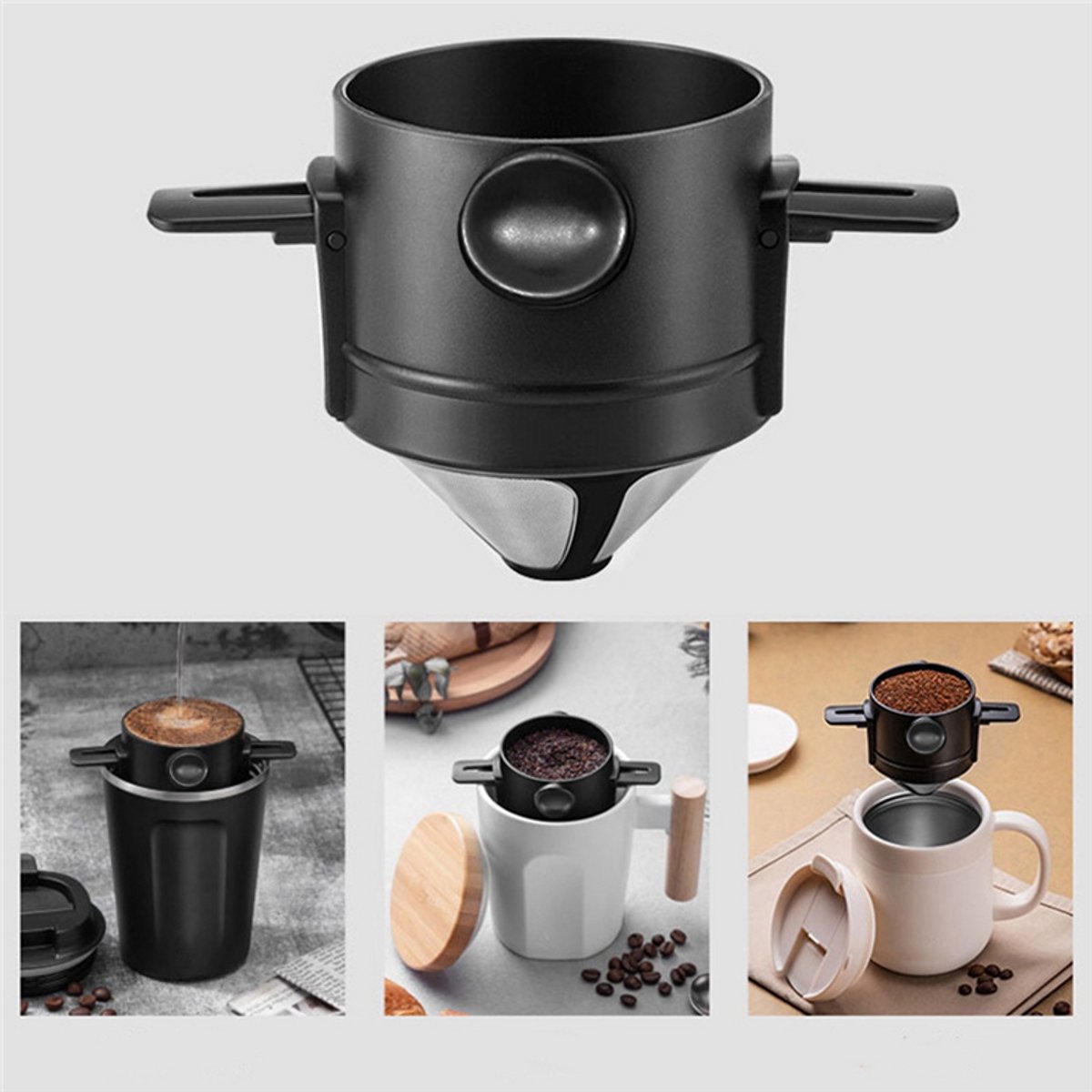 Draagbaar koffiefilter, herbruikbare trechter, roestvrijstalen theezeef-B