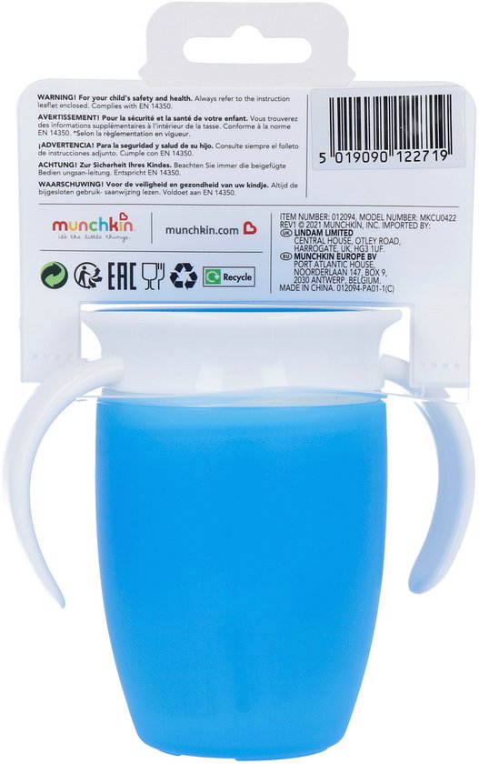 Achterkant van de verpakking van de Munchkin Miracle 360° anti-lek beker, blauw.