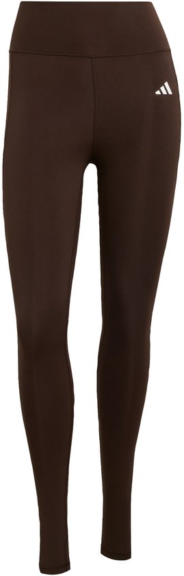 Donkerbruine dameslegging met wit Adidas logo op linkerbeen, staand model.