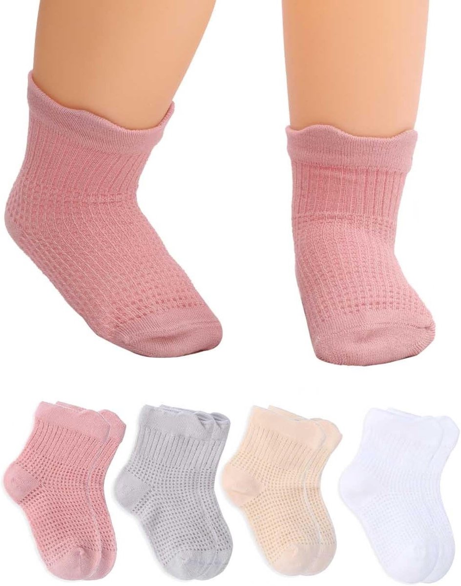 4 Paar Dunne Katoenen Sokken voor Peuters - Zomer Baby Meisjes Crew Mesh Sokken 6-12 Maanden, Wit, Ademend en Comfortabel