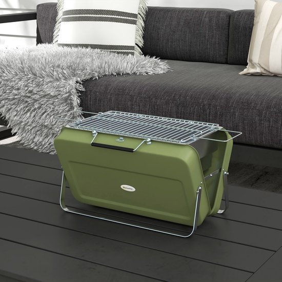 Kofferbarbecue, mini-houtskoolbarbecue, opvouwbaar, met houtskoolbak en asopvangbak, metalen behuizing, groen van Merkloos — afbeelding 3