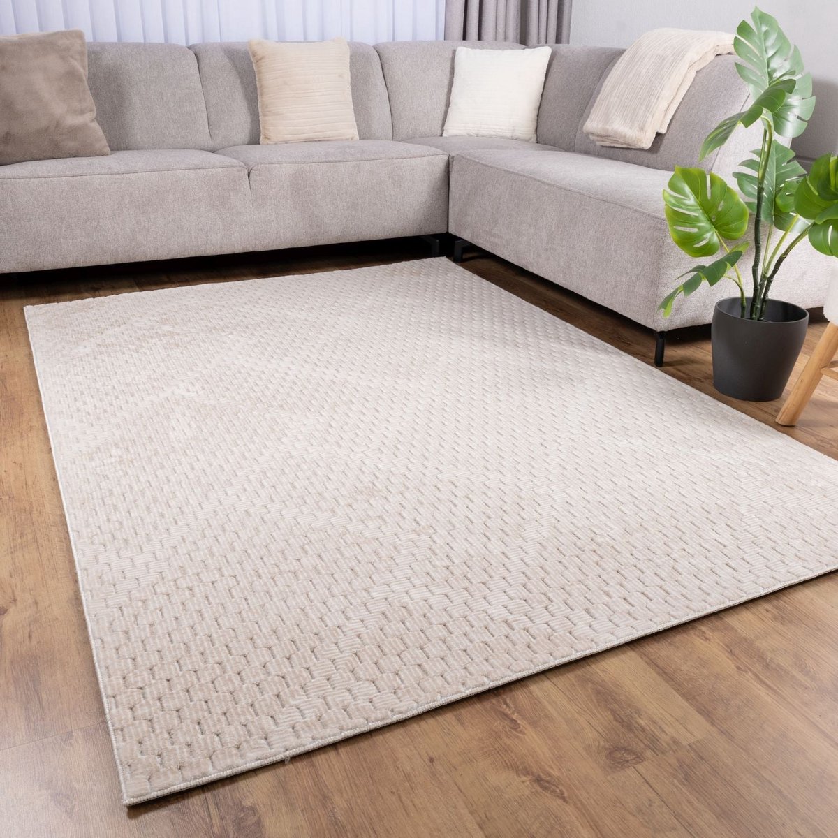 Crème Tapijt Wasbaar Laagpolig Vloerkleed met Anti Slip Koho Modula Wasbaar op 30° - 280x380cm- Modern - Woonkamer - Salon - Slaapkamer - Eetkamer