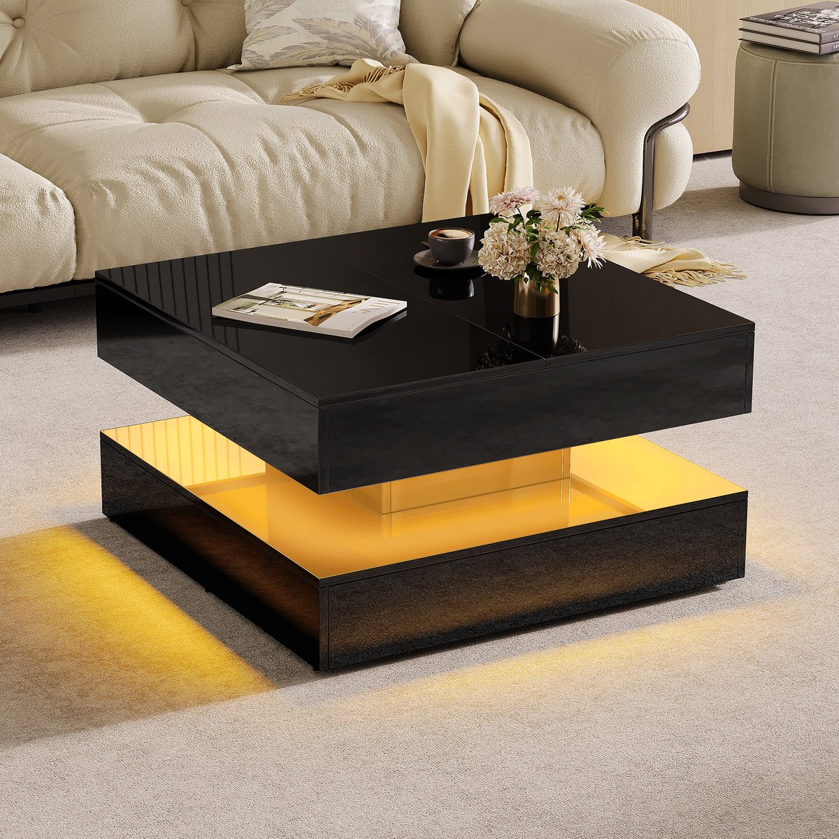 Salontafel hoogglans met LED-verlichting, afstandsbediening en app-bediening, bijzettafel met 2 lades, verborgen opbergruimte, modern design, zwart