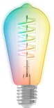 Heldere, rustieke E27 lamp met een gedraaide goudkleurige LED-draad, omringd door een regenboog van kleuren.