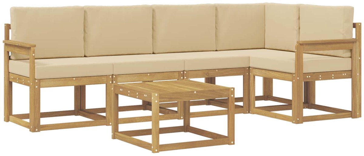 vidaXL Buiten - bank - set - 6 - st - 5-zits - Wit - en - Beige - Massief - Acacia - Hout Wit en Beige