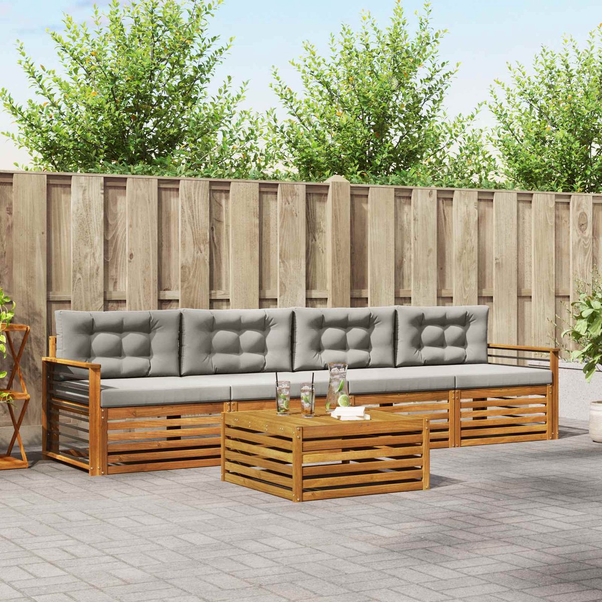 vidaXL Buiten - bank - set - 5 - st - 4-zits - Naturel - en - lichtgrijs Naturel en lichtgrijs
