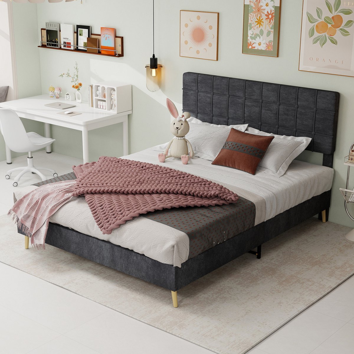 MIVRAY Gestoffeerd Bed 160x200 cm - Tweepersoonsbed Zonder Matras met Geruit Hoofdbord - Stil en Stevig - Fluweel - Grijs