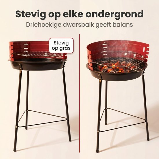 Cheqo® Houtskool Barbecue - Ronde BBQ op 3 Poten - Staande Barbecue - Grillrooster met Windscherm - Verstelbaar Rooster voor Tuin en Balkon - Buitenbarbecue - Houtskoolbarbecue - Rood - Camping BBQ - Grillen voor Buiten - Picknick van Merkloos — afbeelding 4