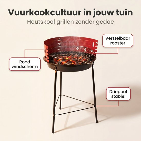 Cheqo® Houtskool Barbecue - Ronde BBQ op 3 Poten - Staande Barbecue - Grillrooster met Windscherm - Verstelbaar Rooster voor Tuin en Balkon - Buitenbarbecue - Houtskoolbarbecue - Rood - Camping BBQ - Grillen voor Buiten - Picknick van Merkloos — afbeelding 2