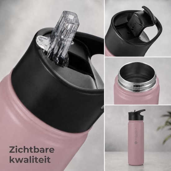Gedetailleerde close-ups van een roze drinkfles: rietjesdop, dekselmechanisme, RVS binnenkant, en de fles.