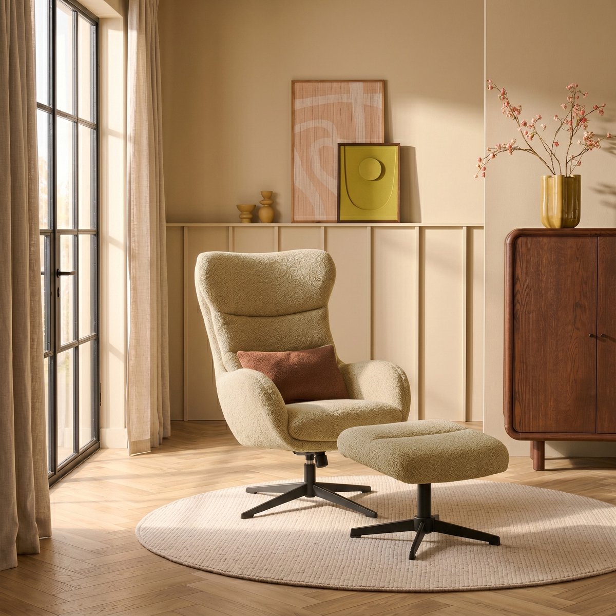 Relaxfauteuil Jack - Inclusief Hocker - Textiel / Metaal - Mustard / Metaal - Draaibaar & Verstelbaar