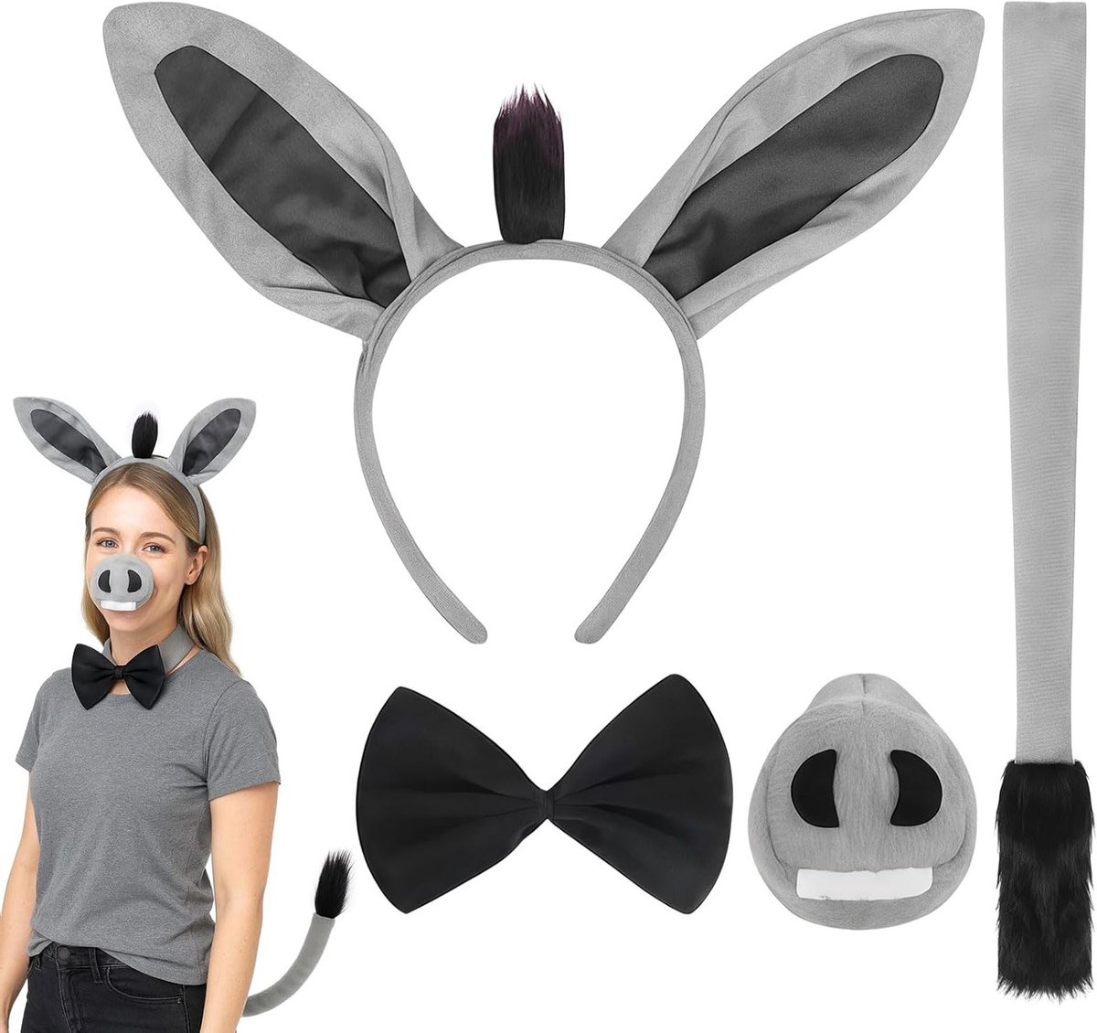 Donkey kostuumaccessoire set met oren, staart, neus en strik voor Halloween en verjaardagsfeestjes, ideaal voor dierenkostuums en cosplay evenementen