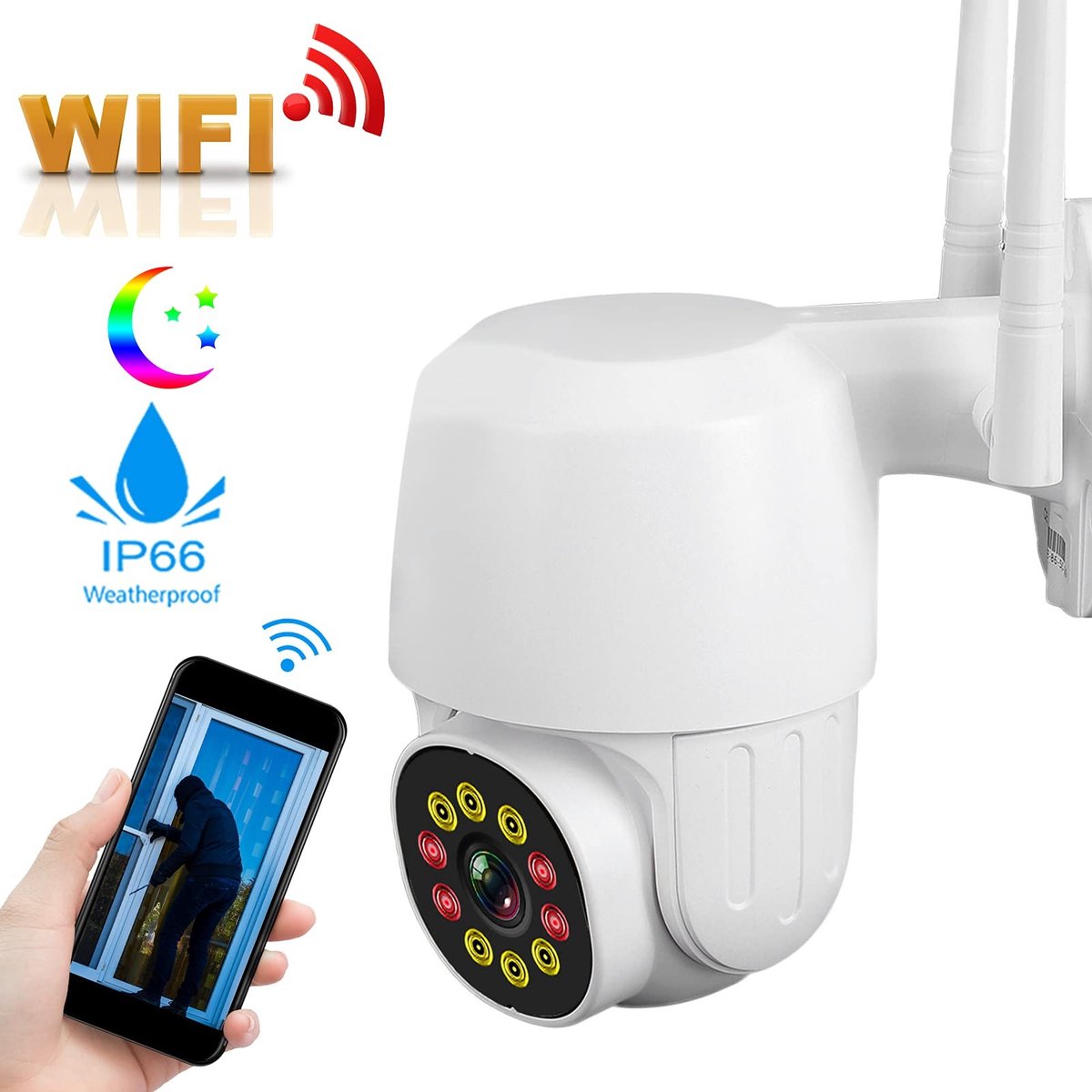 aladdien - WiFi IP-camera met Bewegingsdetectie - Waterdicht - 1080 Pixels - Voor Buitenbeveiliging - Ideaal voor Thuis en Tuin