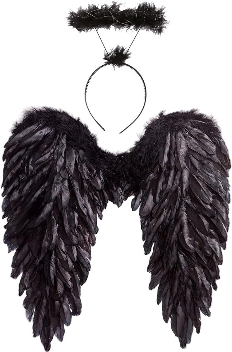 Zwarte Engel Vleugels en Halo Kostuum voor Halloween, Feestoutfit met Vergrote Veren en Hoofdband voor Kinderen en Volwassenen, Perfect voor Carnavals- en Masquerade Festivals