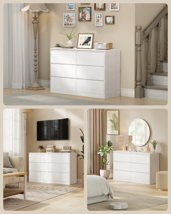 Commode blanche à 6 tiroirs, présentée dans différentes chambres avec décorations.