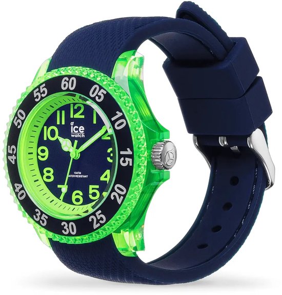 Blauw horloge met neon-groene wijzerplaat, neon-groene lunette, wijzers en cijfers. Donkerblauwe band.
