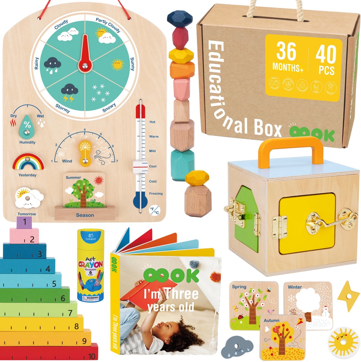 Tooky Toy Educatieve Montessori Box Legpuzzel Telraam Weer Board 6in1 vanaf 3 jaar