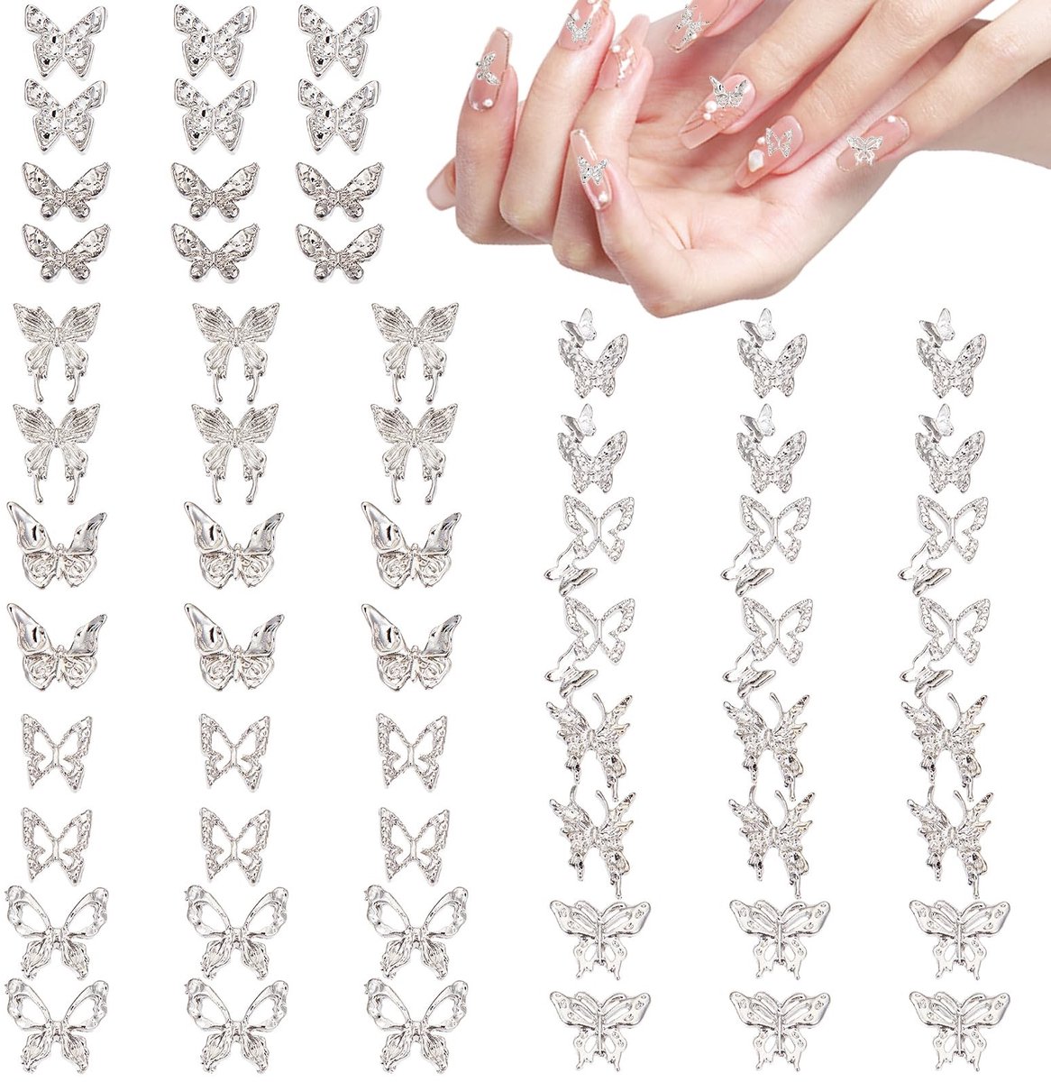 aladdien - Zilveren Vlinder Nagelhangers - 3D Nail Art - Creatieve Decoraties - 60 stuks - Strass Bedels - Nail Art Accessoires - Geschikt voor Nage...
