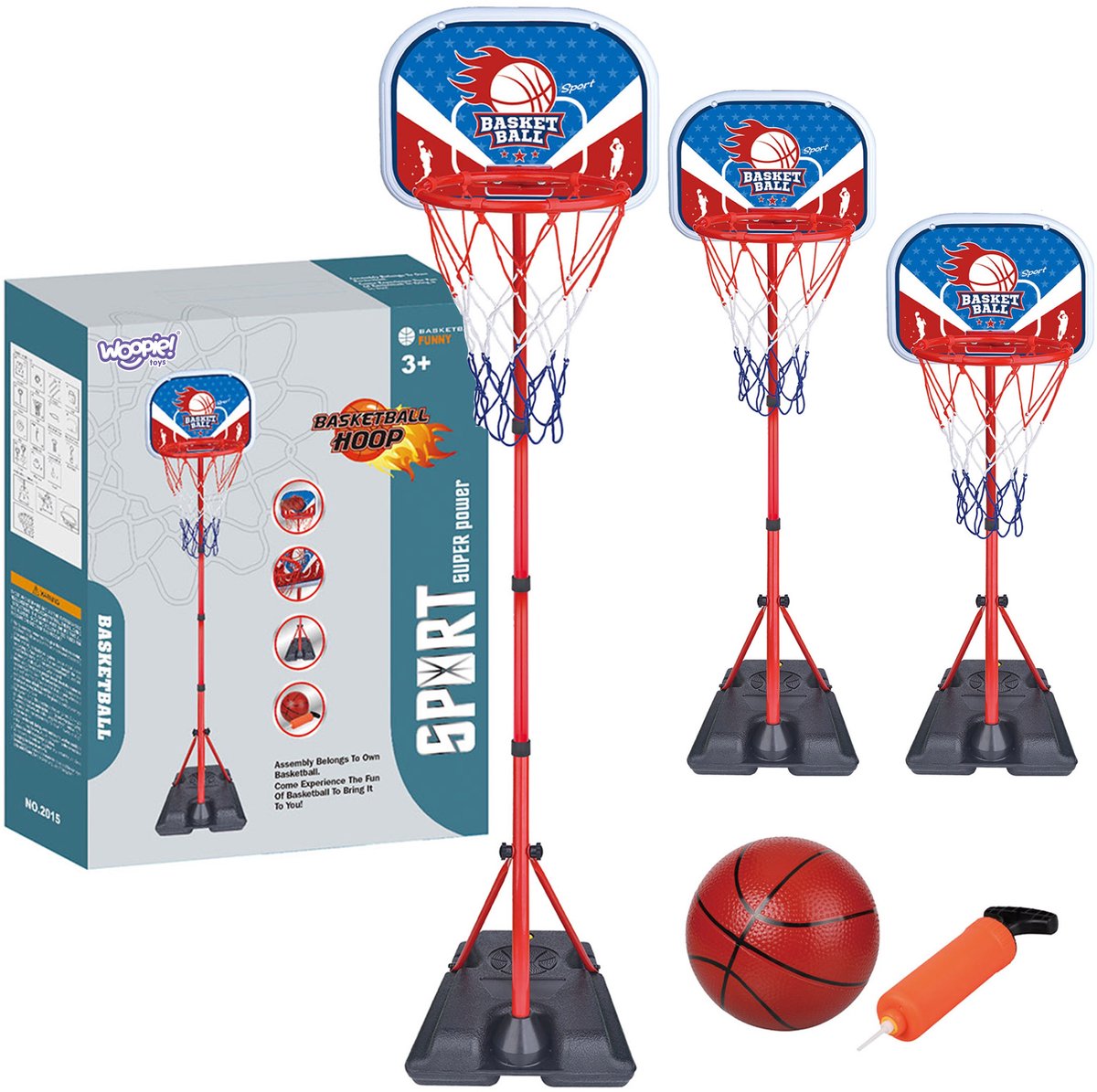 Woopie vrijstaande basketbalset, in hoogte verstelbaar, 90-170 cm + bal