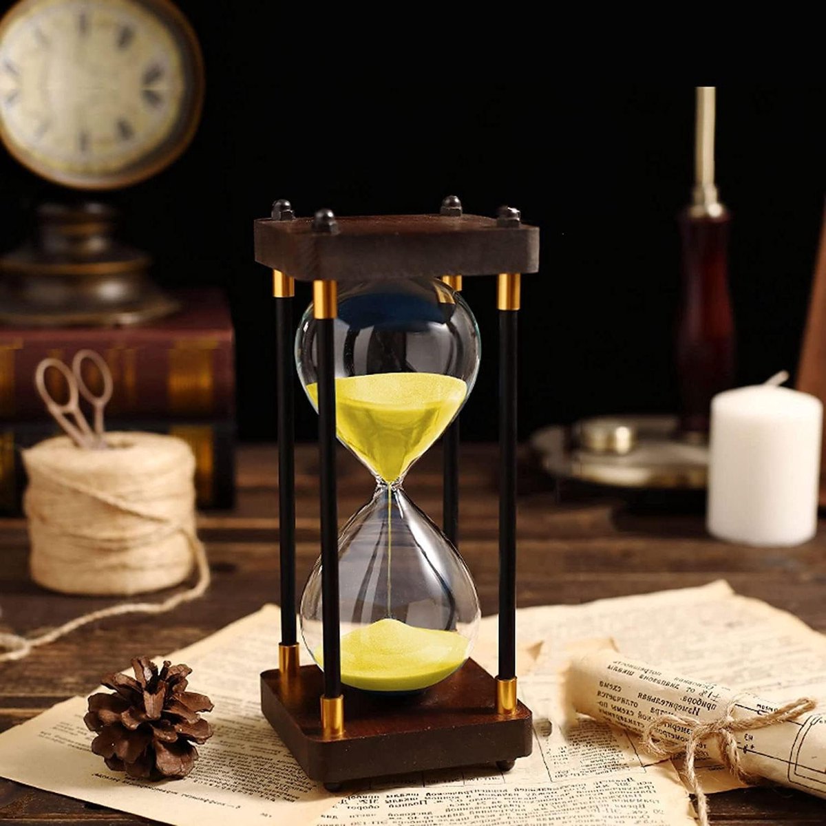 Zandloper Ornament - Uurglas Timer - Tijdmanagement Hulpmiddel - Houten Frame - 85 x 19 cm - Blauw