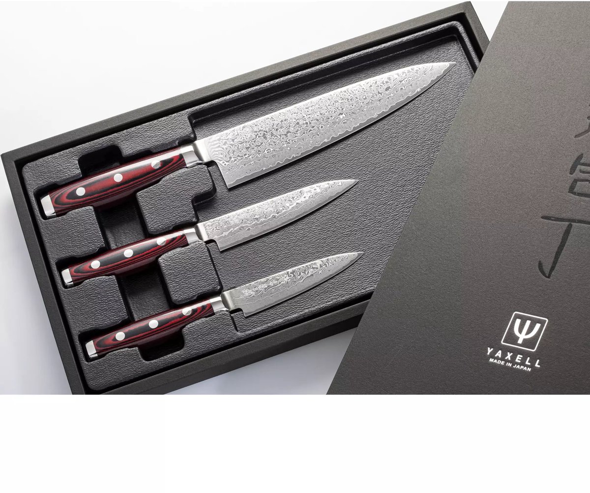 Yaxell Super Gou Messenset – Giftset – 3-delig – Koksmes 20 cm, Universeelmes 12 cm & Officemes 10 cm – 161 Lagen Damaststaal – SG2 Staal – 63 HRC – Canvas-Micarta Heft