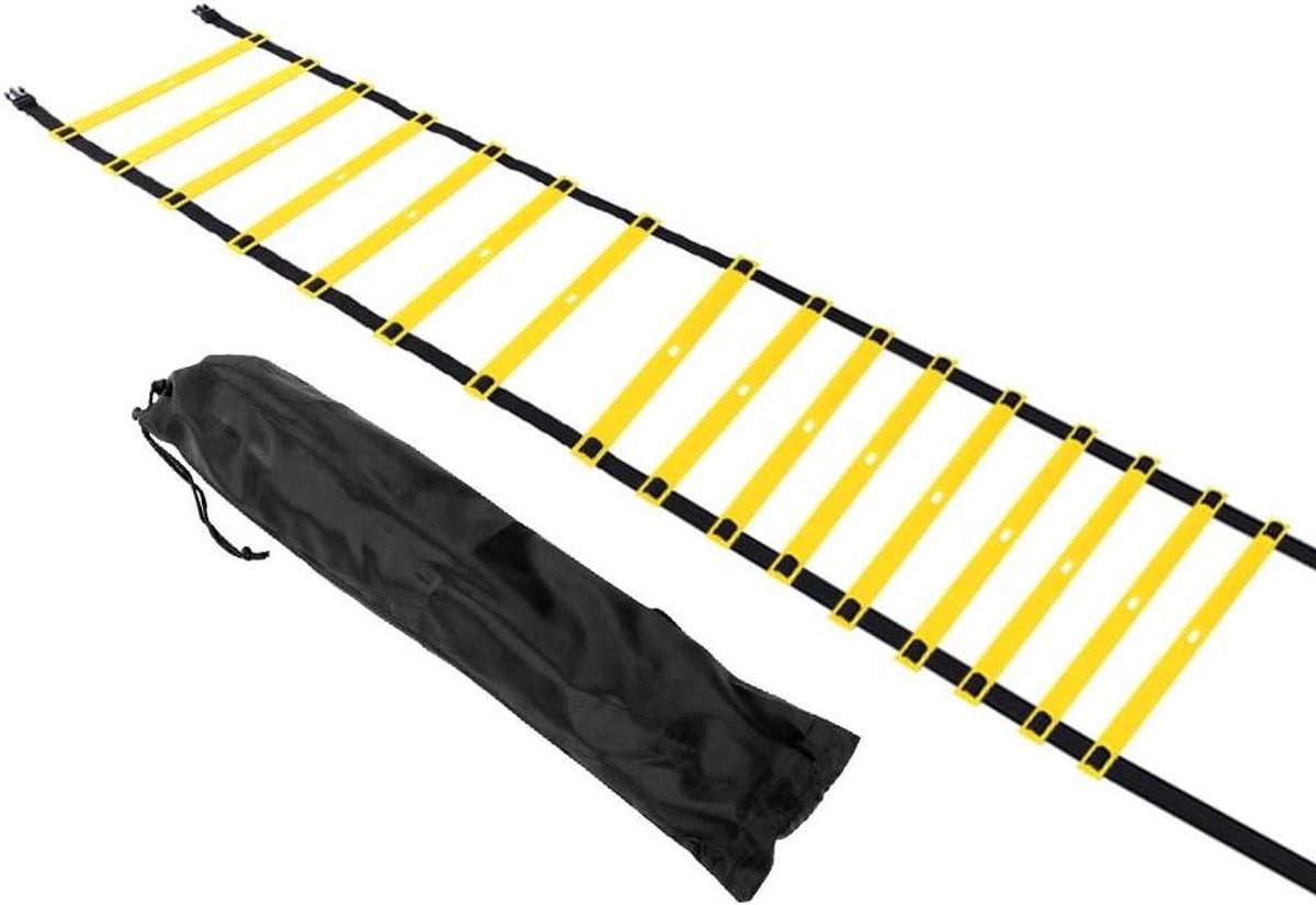 Behendigheidsladder - Snelheidsladder Voetbal - Voetbaltraining Verbeteren - Verstelbare Plat Liggen - 8 meter 16 knopen - Zwart Geel