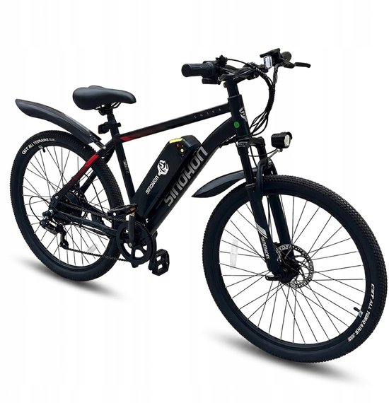 Zwarte elektrische mountainbike met rode accenten, schokdempers en de tekst 'CST ALL TERRAINS'.