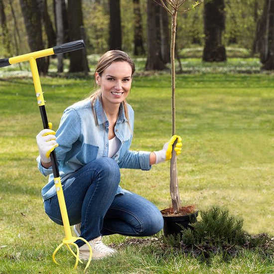 Ulisem - Handmatige tuinfrees - 16.5 inch gebogen handvat - 4 gepunte tanden - Voor zware grond - Verwijder onkruid en belucht de bodem - Staal - Geschikt voor verhoogde bedden - Demontabele rototiller 360° - Helemaal Geel van Ulisem — afbeelding 5