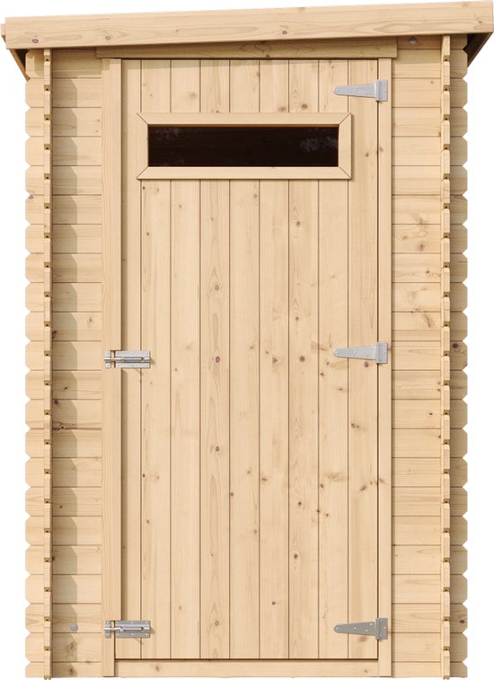 Vooraanzicht van een houten berging met schuine daklijn en houten deur met raam.